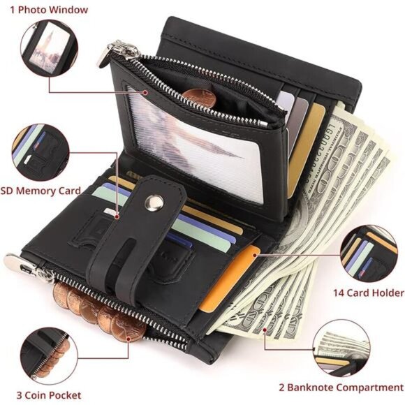 Genuine Leather Bifold Purse for Men with ID Window and Zip Coin Pocket - Picture 3 of 7